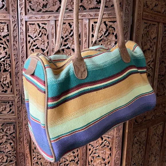 VINTAGE Baja blanket style woven cotton and leather Tote Bag - Picture 3 of 8